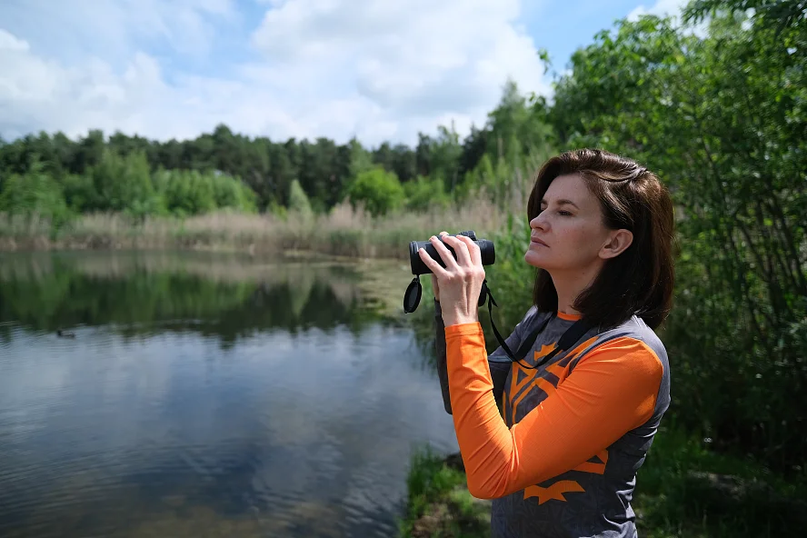 Футболка женская Сплав беговая Logo L/S оранжевая/серая Наблюдение за птицами